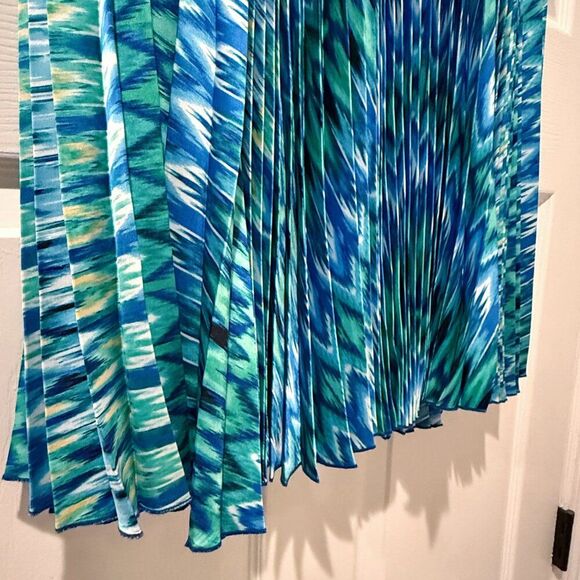 NWT Chico's Pleated Maxi Skirt Med Sz 1 (8) Long Silky Blue Green Teal Ikat Art - Picture 7 of 13